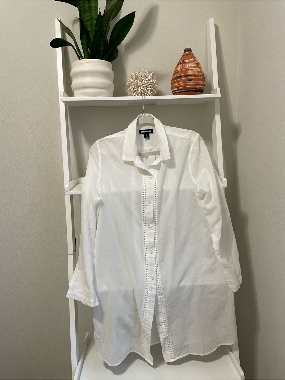 Lands' End White Eyelet-Trim Long Button Shirt